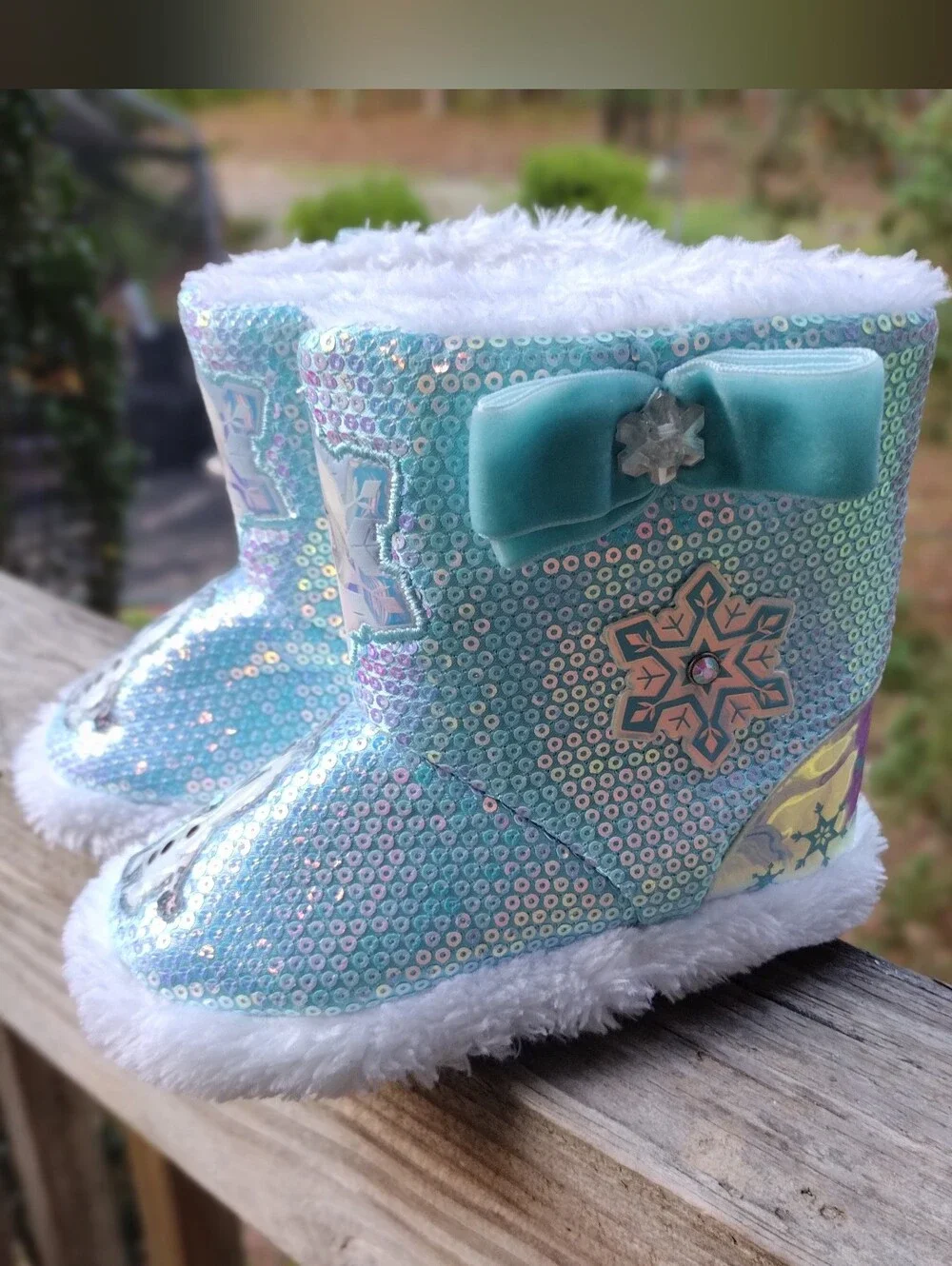 Kids Light Blue Sequin Character Plush Slipper Boot